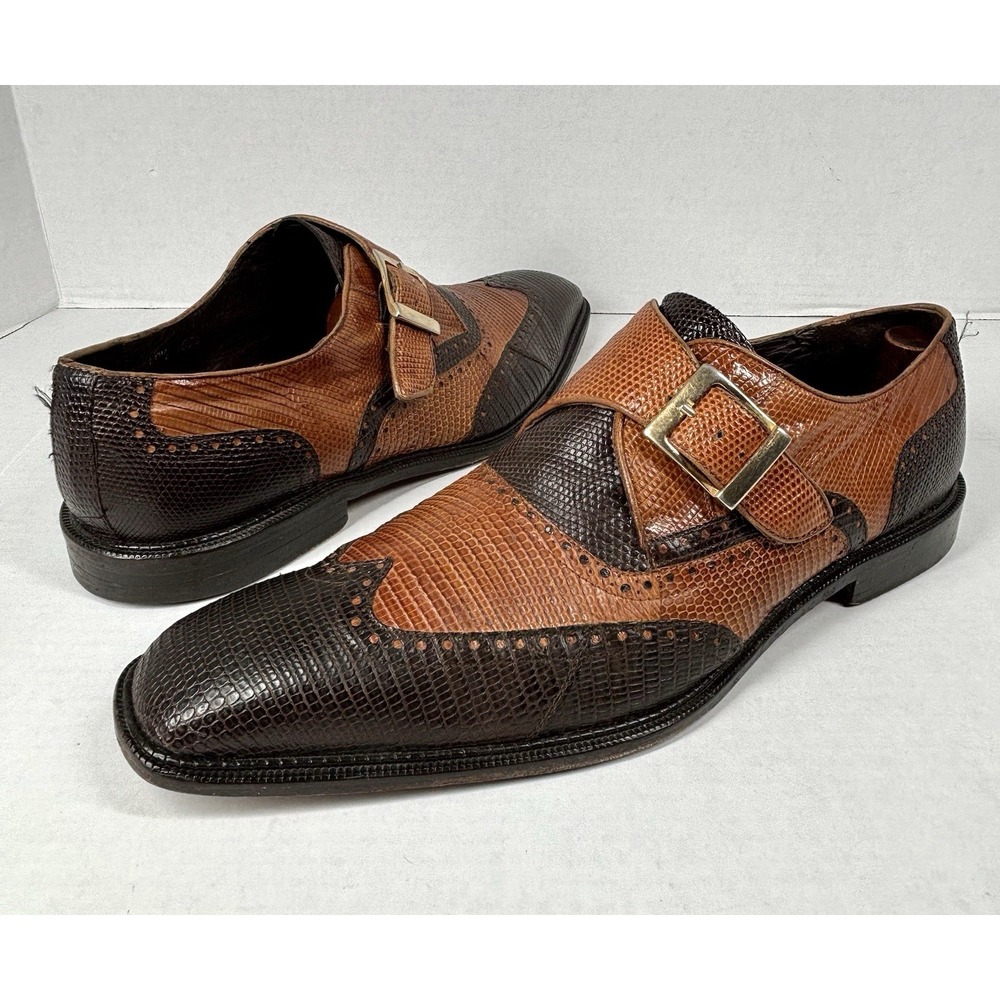 Belvedere‎ Genuine Lizard Wingtip Monk Strap Shoes Two Tone Brown Mens 10.5 EUC